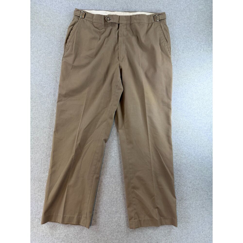 Norm Thompson Flat Front Pants Mens 36S Taupe Side Buckles Lined #3036